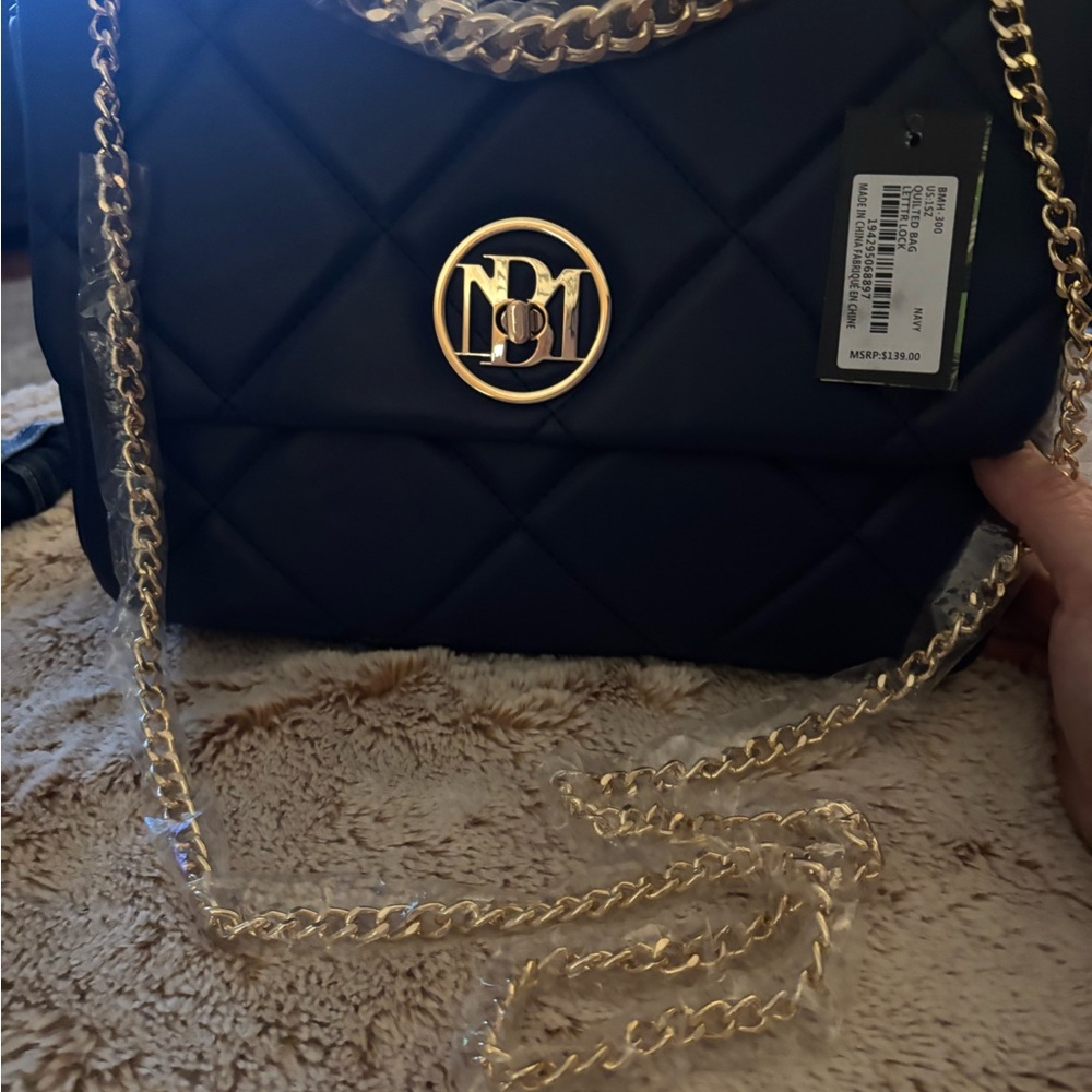 Badgley Mischka Navy Quilted Shoulder Bag with Gold Chain